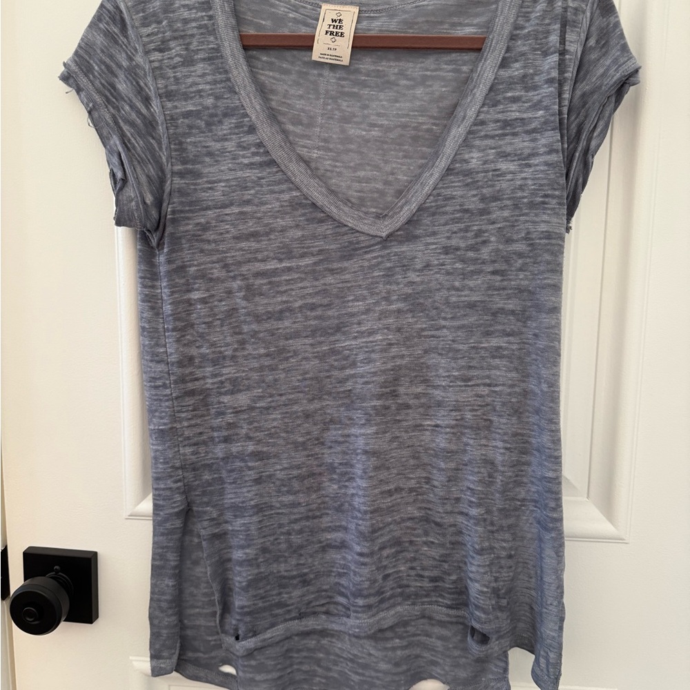 We The Free Slub Distressed V‑Neck Tee by Free People - slate grey blue XS